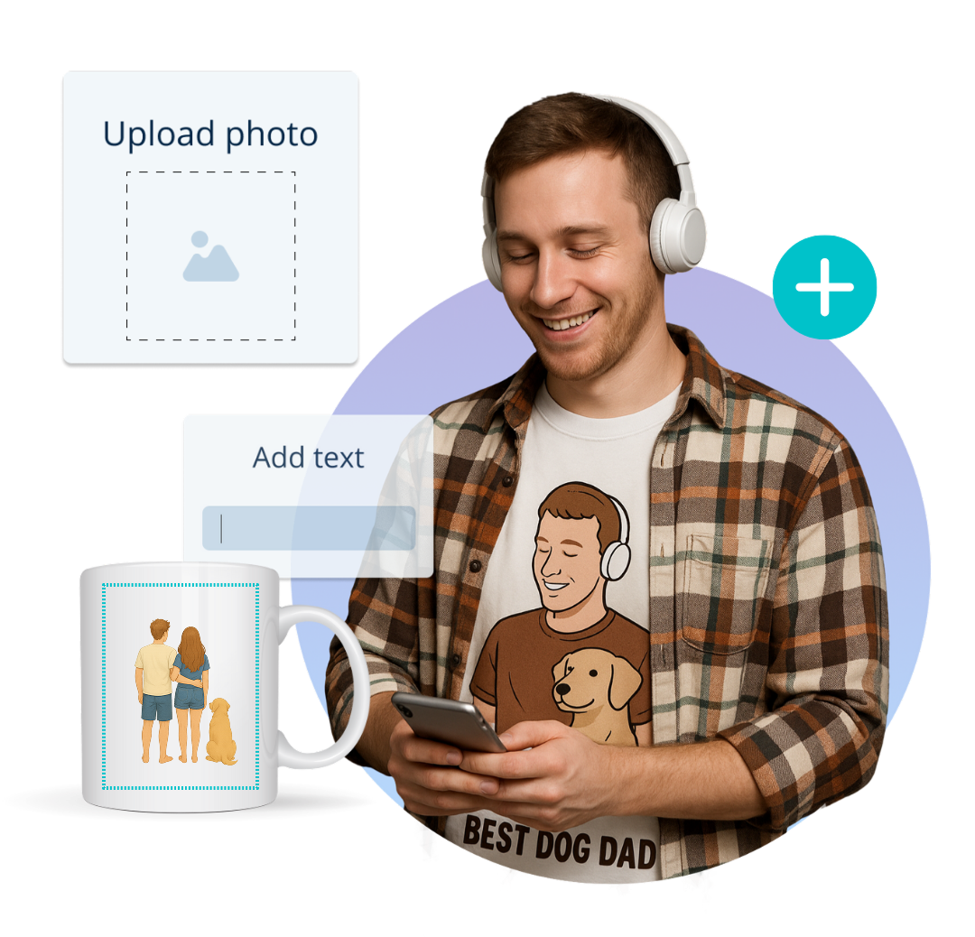 Man customizing a t-shirt and mug using TeeinBlue editor – add photo and text features shown, Snapwear x TeeinBlue integration for Shopify print-on-demand stores