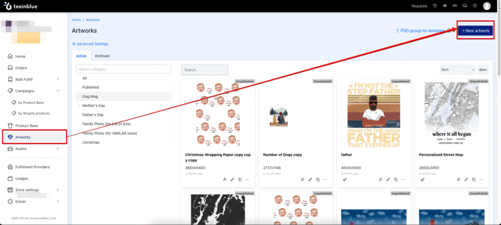 Screenshot showing how to add artwork to your Teeinblue account